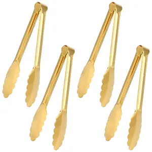 4 Pack Gold Tongs for Serving Food, 9 Inch Serving Tongs, Gold Buffet Tong Stainless Steel Utensils, Metal Kitchen Tong for Salad, Steak, Appetizer, Snack and Small Food