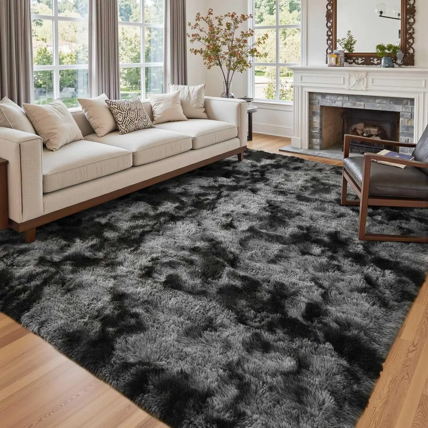 Dark Grey 6x9 Ft Modern Fluffy Fiber Shag Pile Rug - Ultra Soft Watercolour Tie-Dyed Area Rug for Living Room Decor, Kids' Bedroom Indoor Floor Use