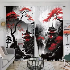 Landscape Pattern Curtain, 2 Counts/set Pole Pocket Design Window Curtain, Home Decor for Living Room Bedroom Kitchen Study Room