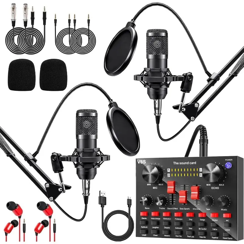2Pcs Dual User Live Mic Kit for Karaoke & Recording  V8KProfessional Multifunctional Sound Card Set for Live Streaming Recording K Song with Voice Changer, 10 Sound Effects, and 7 Independent Controls, Live Sound Cards