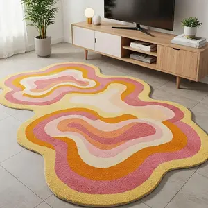 1pc Irregular Dopamine Rainbow Wave Print Carpet, Foldable Washable Non-Slip Plush for Living Room Bedroom, Easy Care Large Decorative Area Rug Abstract Area Rugs