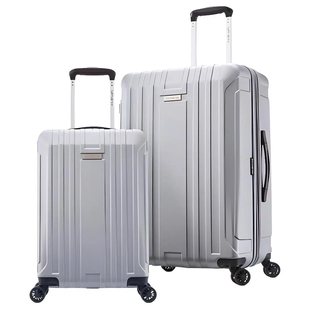 Samsonite New Castle Logo-Striped Hardshell Lightweight Polycarbonate Luggage Set - TSA-Lock, Zippered Compartments, Spinner Wheels, ABS+PC Suitcase for Men and Women, Silver, Hardshell Luggage Set