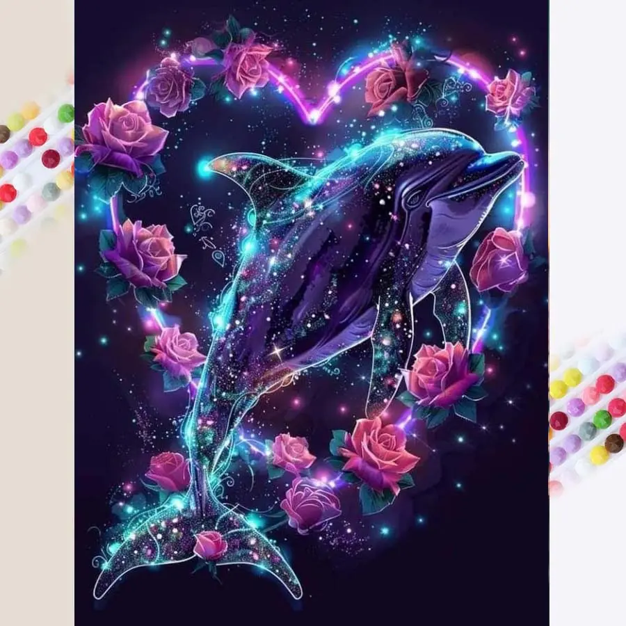 1 set of DIY diamond painting kit, 5D diamond art kit, DIY decoration dolphin, rose, heart mosaic, diamond art, DIY art home decor.