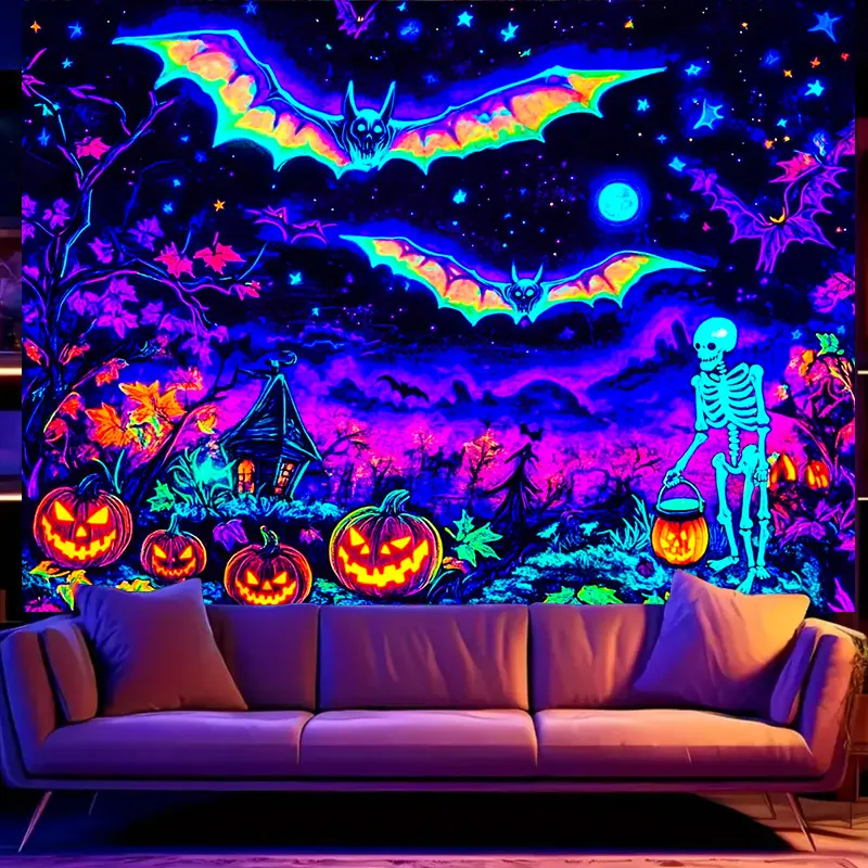 Large Size Glow in the Dark Velvet Halloween Tapestry, 1pc Synthetic Cordless UV Blacklight Reactive Polyester Wall Decor, 2D-Flat Bats & Skeleton Design, 78.74x59.06in Blush Peach Horizontal Home Supplies Party Banner