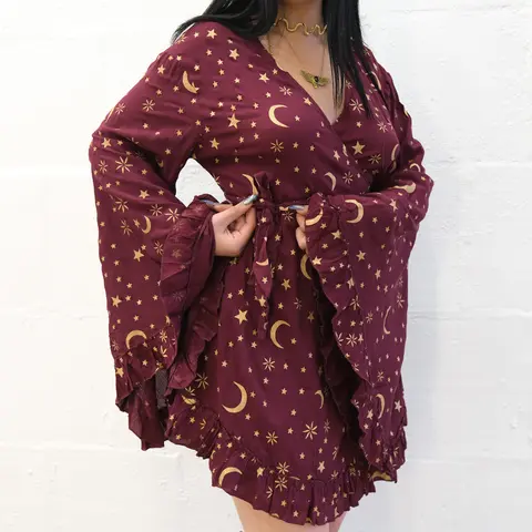 Women's Casual Light Viscose Celestial Print Flowy Wrap Dress - Boho Mini, Adjustable Ruffle Long Sleeves, Drape Fit, Statement Pockets for Summer Festivals, Dresses for Women with Breathable Fabric