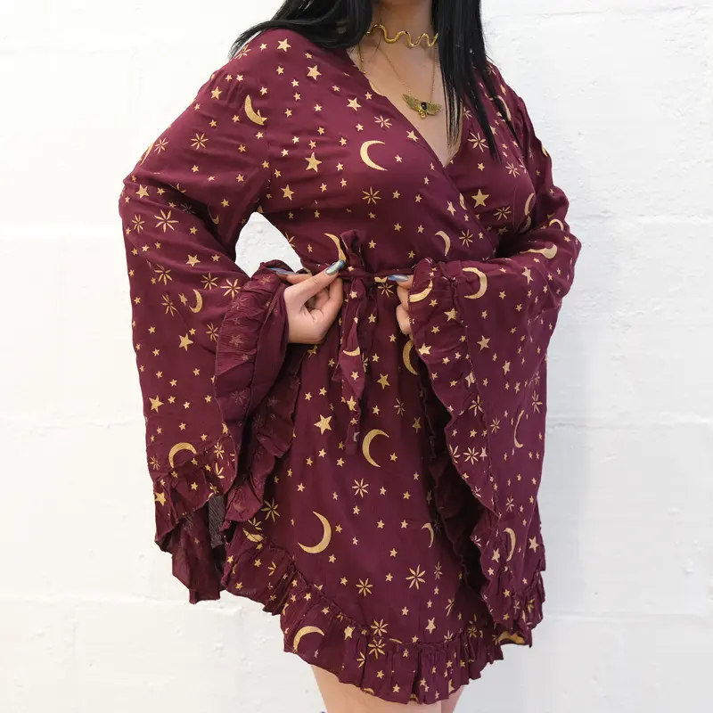 Women's Casual Light Viscose Celestial Print Flowy Wrap Dress - Boho Mini, Adjustable Ruffle Long Sleeves, Drape Fit, Statement Pockets for Summer Festivals, Dresses for Women with Breathable Fabric
