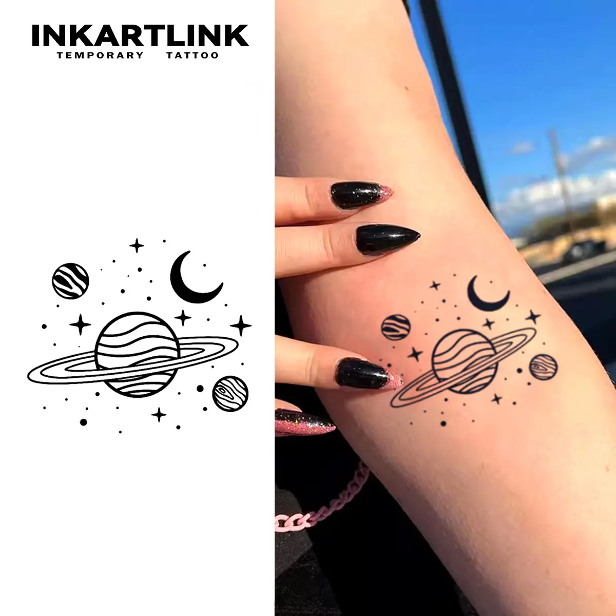 INKARTLINK Orbital Mirage Series Realistic Temporary Tattoos, Semi-Permanent Fake Tattoo Art Lasting 1-2 Weeks, Waterproof Planet Design for Adults, 2 Sheets