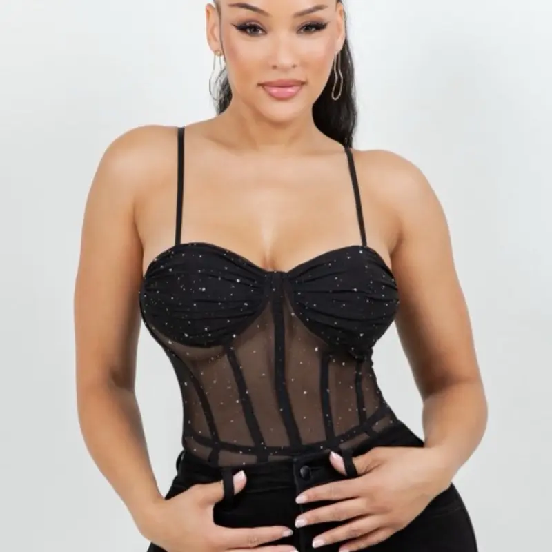 Almeda Rhinestone mesh bustier corset top
