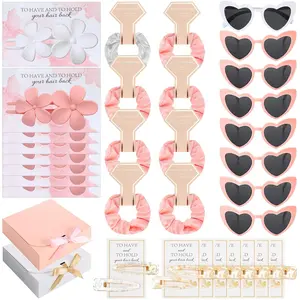 40 count Bridesmaid Proposal Gifts Set of 8 Satin Scrunchies Bachelorette Glitter Hair Clip Flower Hair Claw Clip with Card Cute Heart Sunglasses for Women Wedding Party Favors(White, pink)