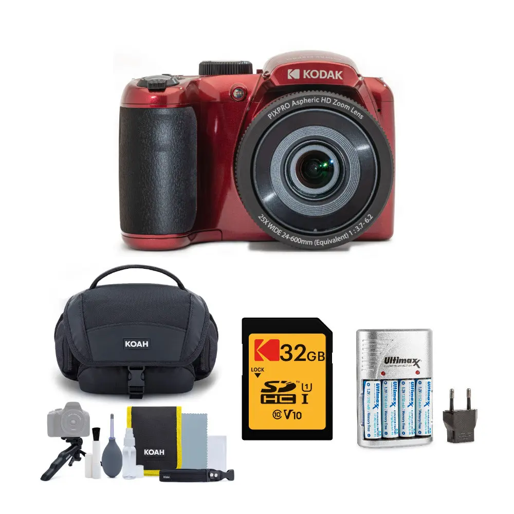 Kodak PIXPRO AZ255 Astro Zoom Digital Camera - 16MP, Red, 25x Zoom Lens, Battery Charger, 32GB Memory Card Bundle