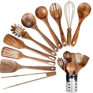 11 PCs Kitchen Utenails Set with Holder, Kitchen Wooden Utensils for Cooking, Wood Utensil Natural Teak Wood Spoons for Cooking, Wooden Kitchen Utensil Set With Spatula and Ladle Whisk Cookware Fork Sturdy Strainer Hanging Nonstick Stirring Metallic
