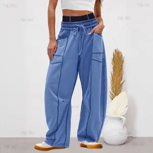 (New)2026Womens Baggy Barrel Pants Wide Leg Lounge Drawstring Sweatpants with Pockets camouflage  overalls Womenswear Bottom