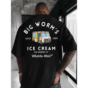 180gMen's Cartoon Ice Cream Truck & Letter Print Round Neck Tee, Casual Stylish Tee, Loose Street Fashion Casual Short Sleeve T-shirt for Daily Wear, Men's Clothes for All Seasons, Casual T Shirts