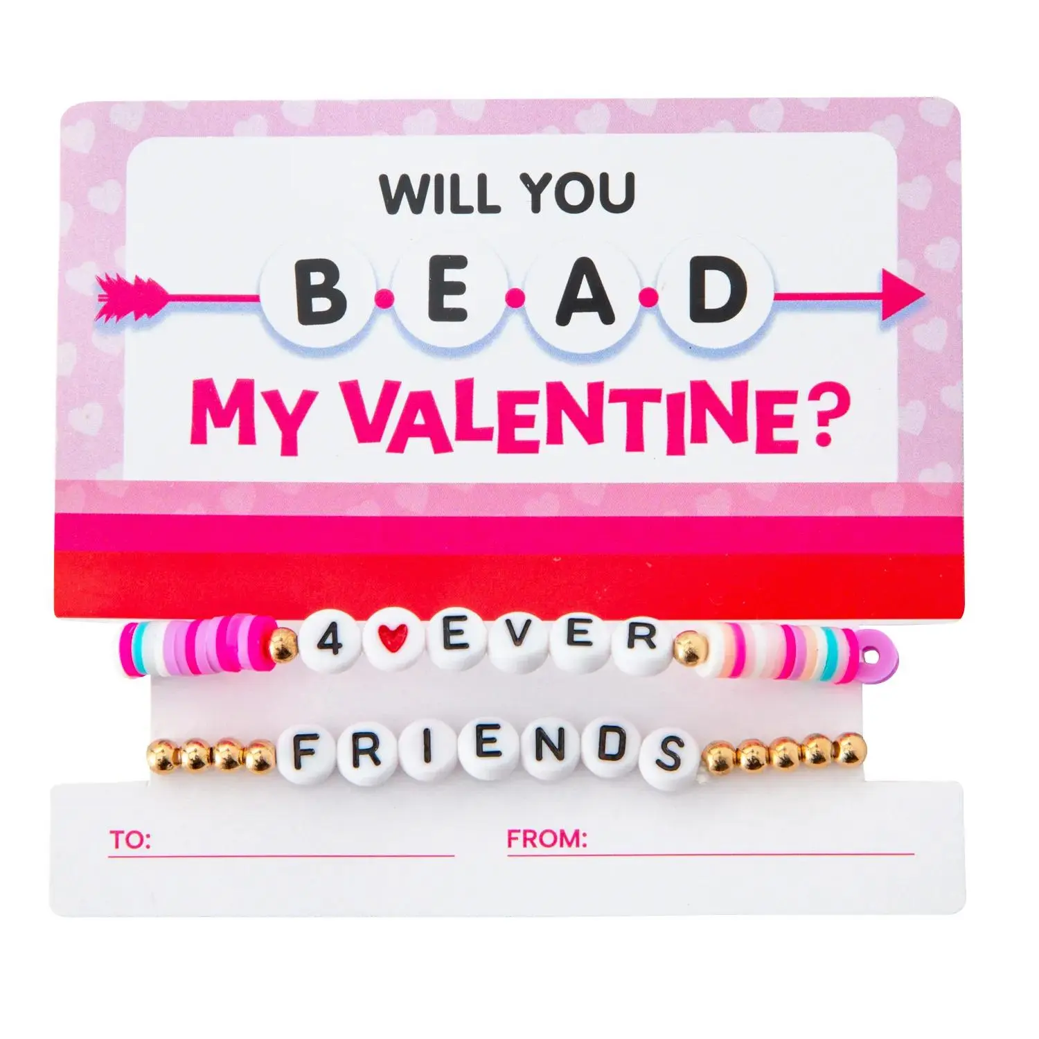 12-Pack Friendship Theme Plastic Beaded Bracelets with 4" x 3-1/2" Valentine Exchange Cards, Festive Party Bag Add-On, Gift Basket Filler for Gifting Occasions, To/From Space