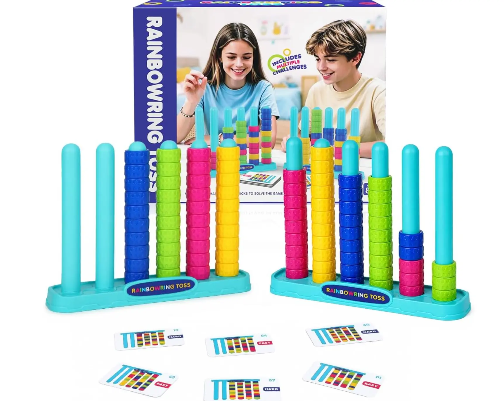 Rainbow Ring Stack – Fast-Paced Color Sorting Puzzle Game for Family Game Night | 2 Stack Racks, 84 Color Rings, 10 Challenge Cards | Fun 2-Player or Solo Matching Board Game for Kids, Adults
