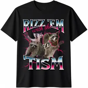 Men's Funny Graphic Cotton T-Shirt with Rizz 'Em With The Tism Racoon Meme, Casual Short Sleeve Tee