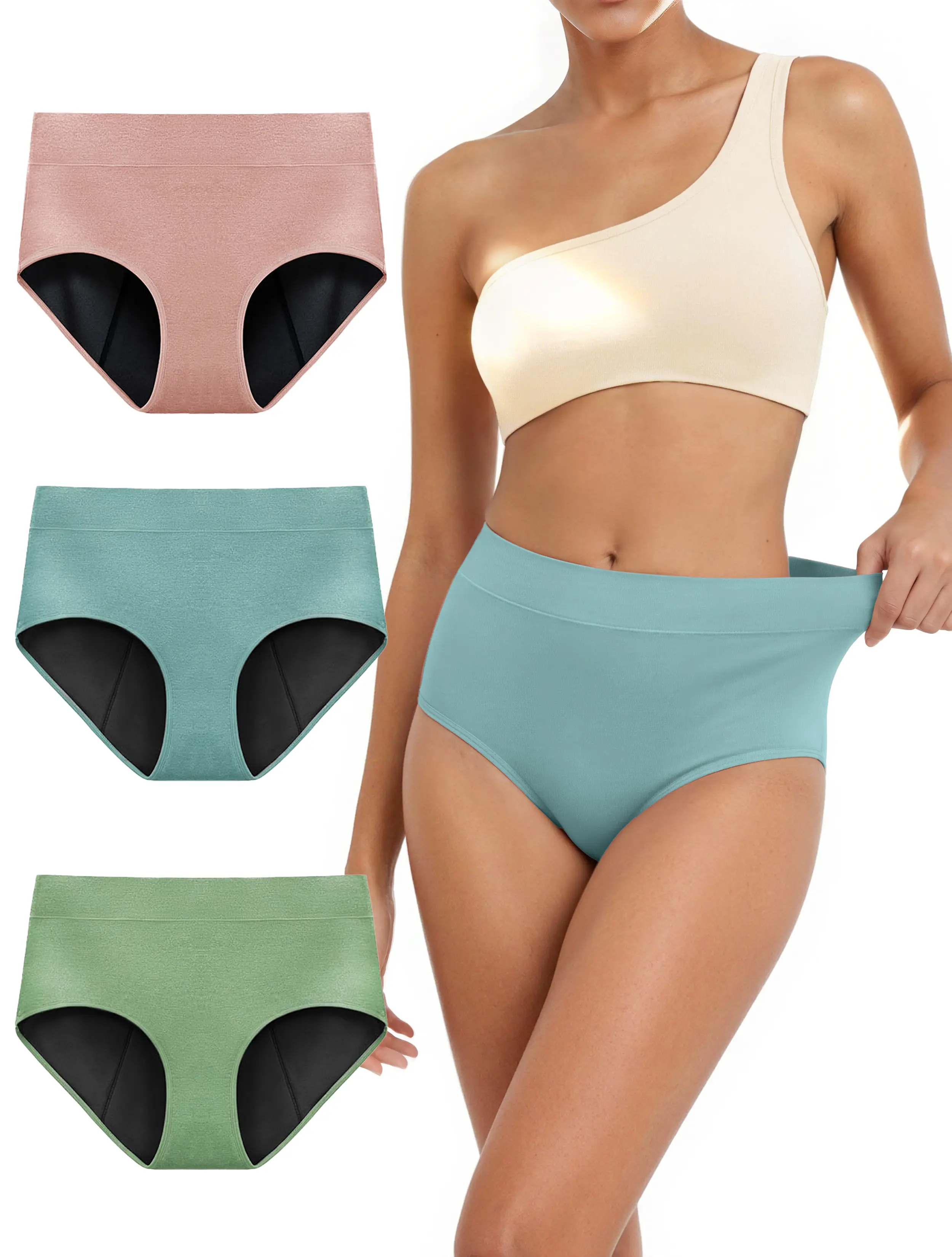 TIICHOO Women's High-Waisted Reusable Period Underwear (3 Pack) - Oeko-Tex Fabric, Extended Liner, Heavy Flow Super Absorbency, Incontinence Support, Elastic, Minimalist Basic Lingerie, Leak-Proof, Invisible Wear, Outfits Clothes Tops Compatibility
