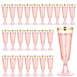 100 Clear Clear Pink Plastic Champagne Flutes, 5oz Plastic Wine Glasses, Assemble for Party Wedding Cocktail Cups