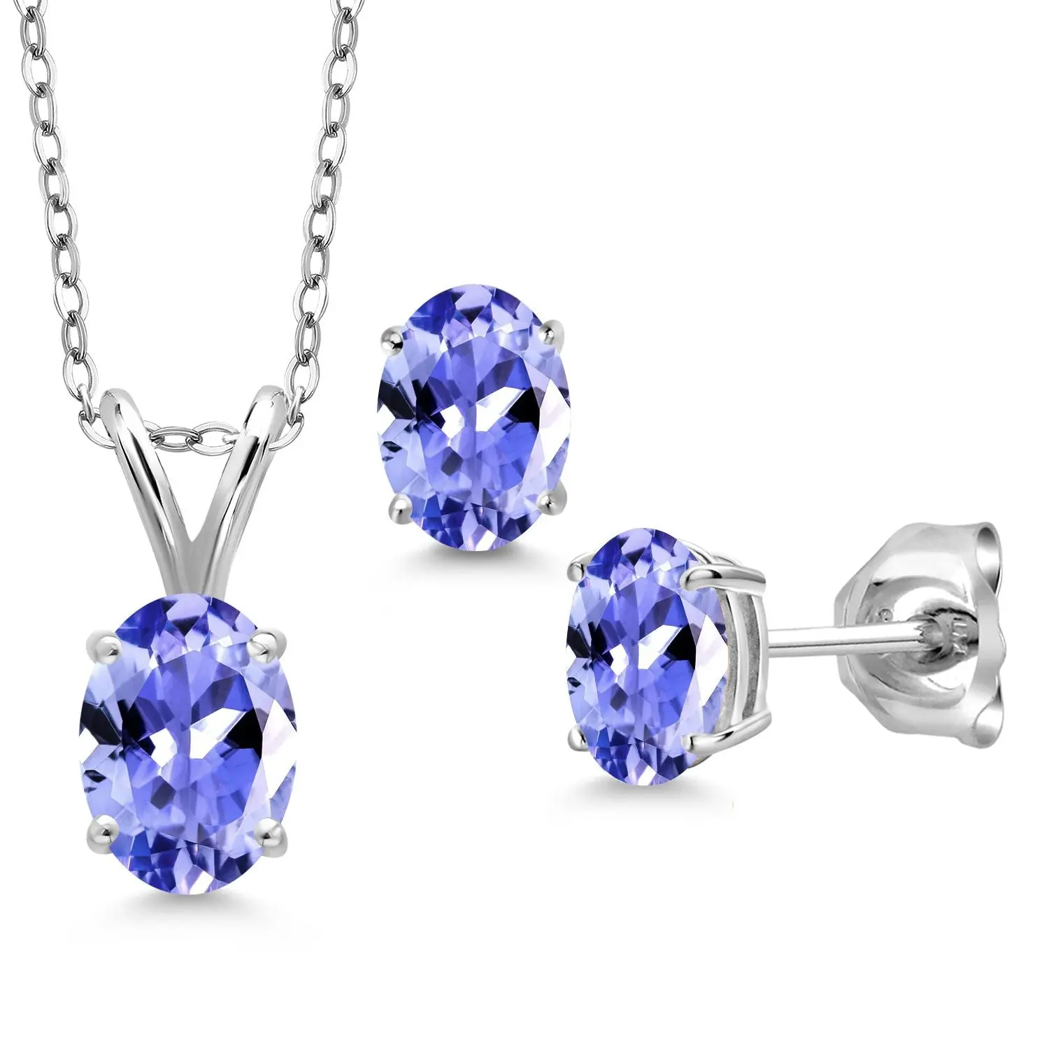Gem Stone King 1.75 Cttw Tanzanite Pendant Necklace Earring Set For Women | 925 Sterling Silver | Oval 7X5MM and 6X4MM | Gemstone Birthstone | With 18 Inch Silver Chain