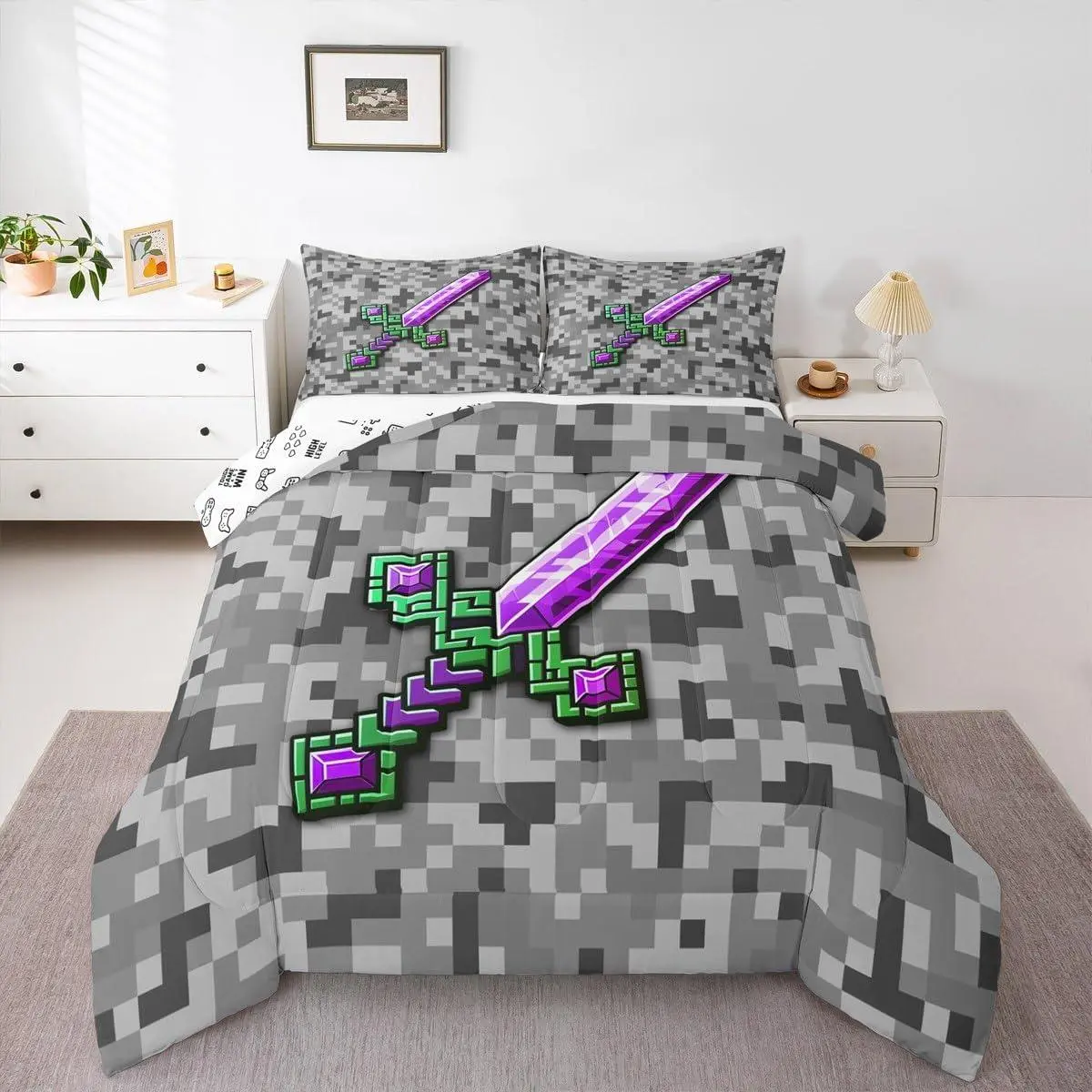 Green Purple Sword Comforter Set,Miner Check Bedding Sets Room Decor,Video Games Duvet Insert Cool Pixel Quilted Duvet
