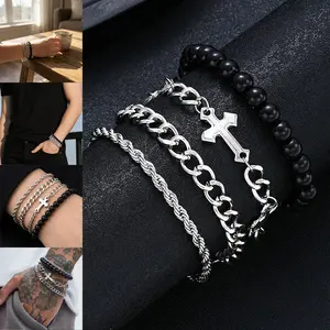 4 PCS Stainless Steel Cross Bracelets for Men Women Stainless Steel Cuban Link Bracelet Handmade Bead Link Punk Style Stackable Layered Cross Chain Bracelet Set Adjustable Punk Jewelry for Men