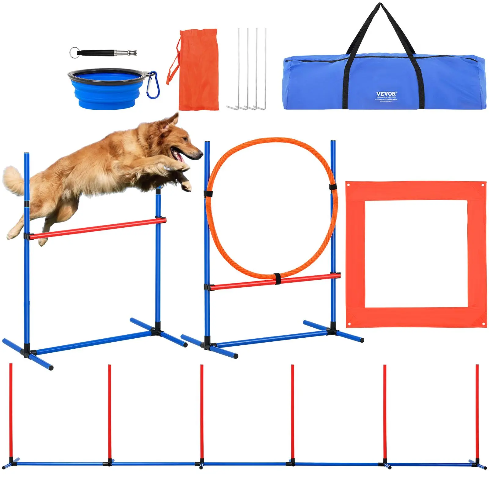 【summerfinds】VEVOR Portable 4-PCS Dog Agility Training Equipment Set - Adjustable High Hurdles, 6 Weave Poles, Jump Ring, Square Pause Box, Whistle, Foldable Bowl - Puppy Backyard Outdoor Obstacle Course Kit (Father's Day Gift), Parks