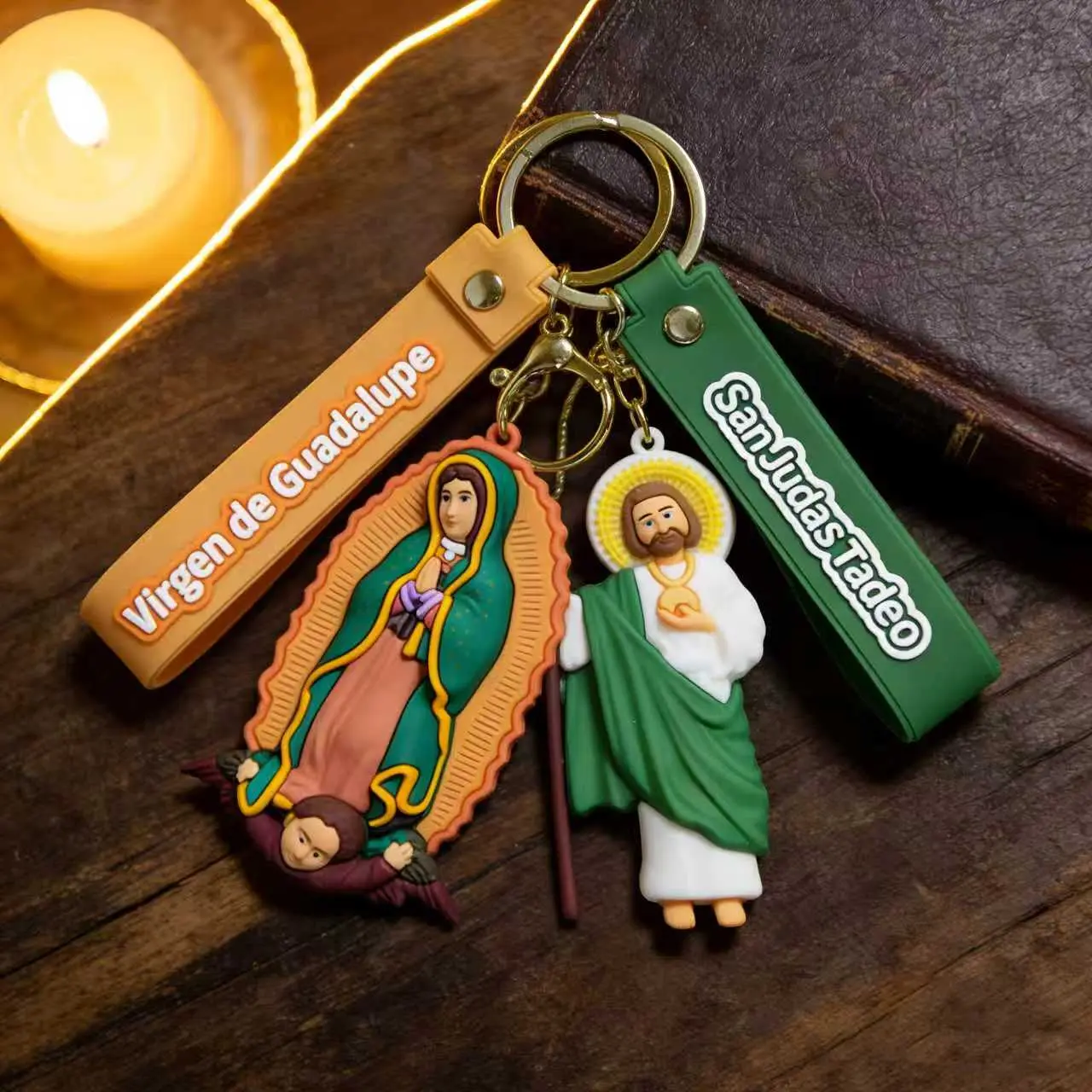3D Silicone San Judas Tadeo & Virgen de Guadalupe Keychain - Cute, Unisex Cartoon Mini Portable Catholic Religious Gift, Wristlet Party Bag Charm, Keychain for Purse