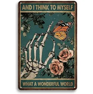 Retro Gothic Skull And Butterfly Metal Wall Art Vintage Home Decor Sign For Coffee Shop Or Garden 8x12 Inch