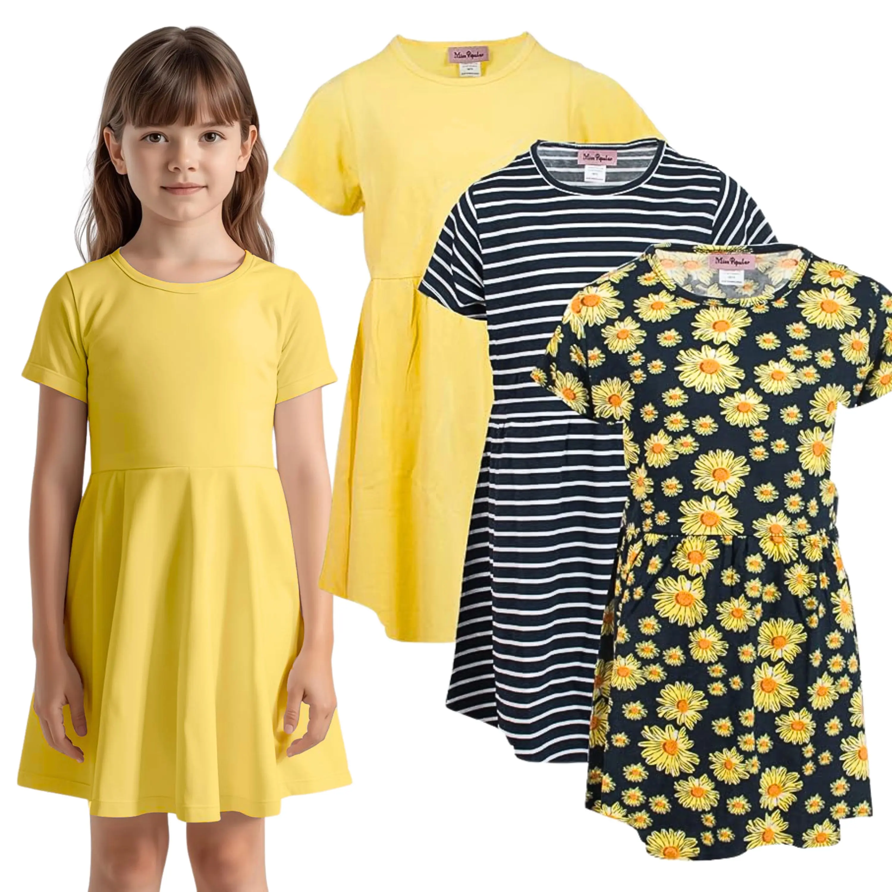 Girls 3 Pack Short Sleeve Skater Dress Soft Cotton Cute Designs Spring Summer | Sizes 4-16