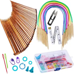 Knitting  Set, 18 Pairs Circular(31.5") Wooden Knitting  with Colored Plastic Tube, 36 count Single Pointed  Knitting (9.5"), Include Knitting Tools for Weaving