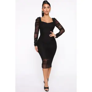 Did You Mesh Me Ruched Midi Dress - Black/Black
