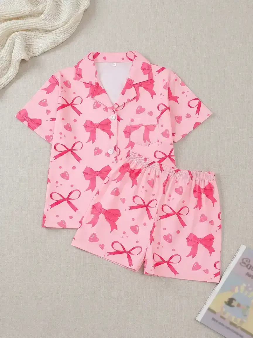 2 pieces of girls' pink bow printed short sleeved shorts and ribbon pajamas set with buttons and elastic waistband suitable for all seasons of casual and comfortable fashionable home wear Sleepwear Pajamas