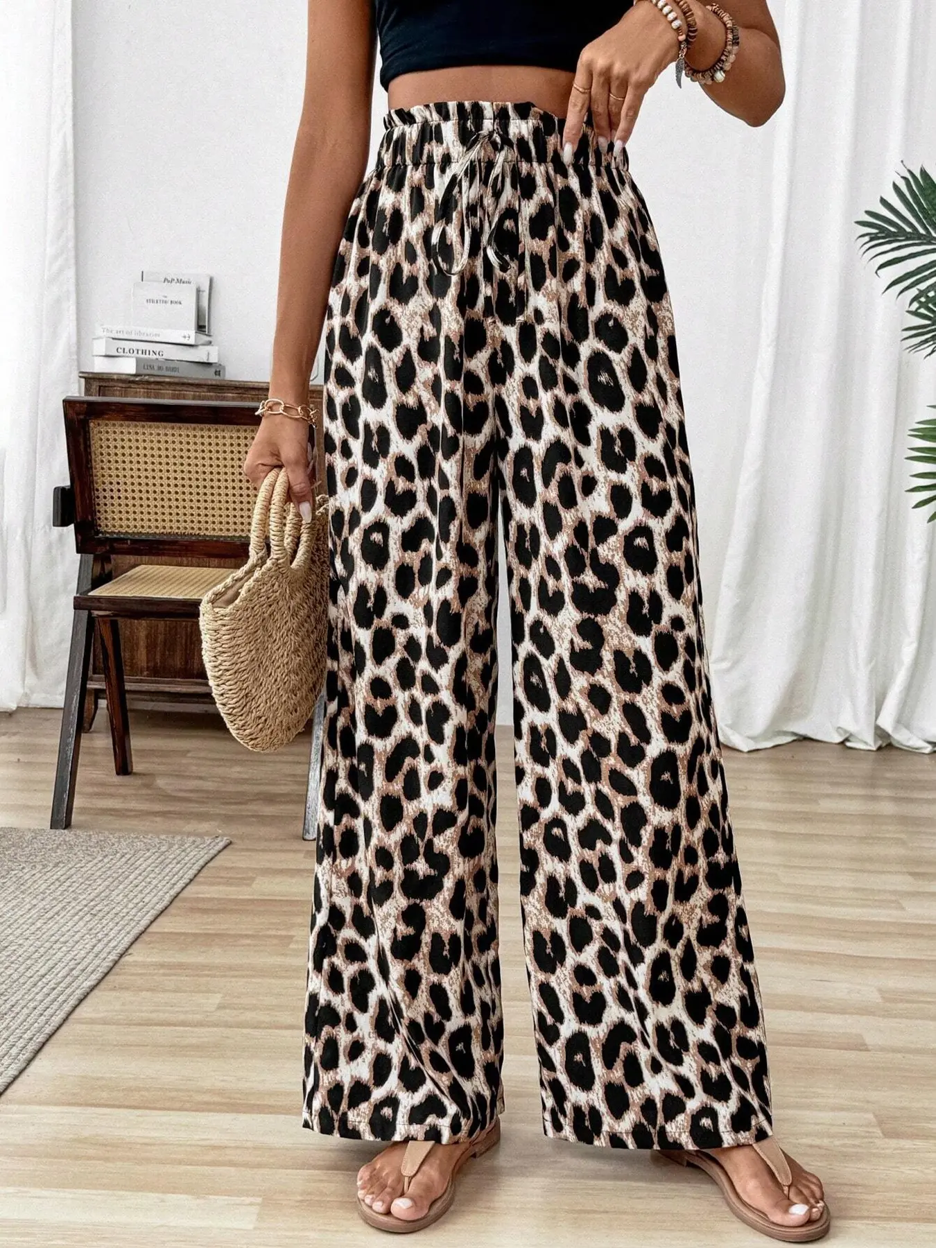 Women's Leopard Print High Waist Palazzo Loose Oversized Wide Leg Pants, Elastic Drawstring Adjustable Casual Trousers, Comfortable and Stylish Bottoms for Everyday Wear