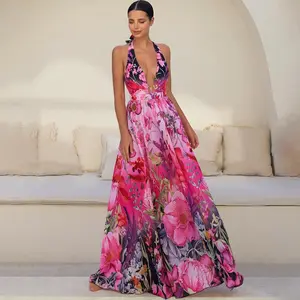 FLAXMAKER Women's Deep V Halter Backless Floral Print 1-Piece Swimdress & Skirt Set, Sports & Outdoor Swimwear for Summer Beach Vacations, Swimdress Swimming, Swimsuit for Beach