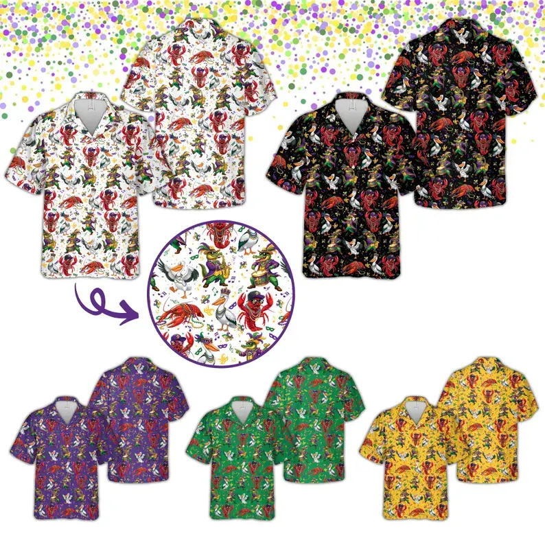 Mardi Gras Hawaiian Shirt, Alligator Crawfish Pelican Button Up Shirt, Louisiana Carnival Shirt, New Orleans Shirt, Fat Tuesday Party Shirt