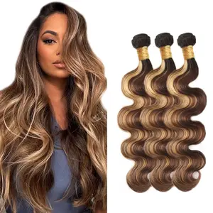 Gefily【14A】 Honey Blonde Highlight Hair Bundles P4/27 Soft 16 18 20Inchs 100% Brazilian Human Hair Bundles 14A Hair extension Body Wave Human Hair 3 Bundles Color For Women