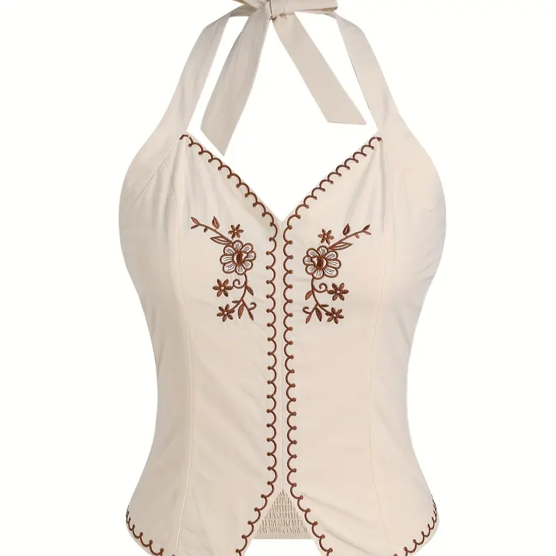 Women's Floral Embroidery Tank Top Cami Halter Neck, Casual Sleeveless Top for Summer, Ladies Clothes for Daily Wear, Womenswear, Embroidered Tank Top