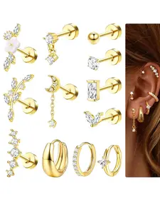 12 Pcs Plain Back Stud Earrings, High Quality Earrings, Stainless Steel Studs, Stainless Steel Zirconia, Sporty Rhinestone Design, All Seasons, Women's Ear Piercing Set