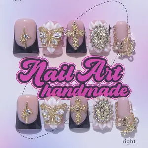 Delicatething Y2K Style Nail Set, Handmade French, Gold Butterfly, Cross, Star Design, XS-S-M-L Sizes, Perfect Gift for Women