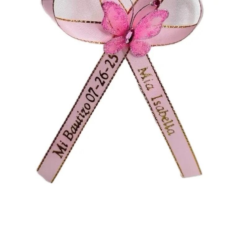Personalized Baptism Ribbon Decorations with White Rose Accent, 22-Character Per Tail Custom Print - Office & Wrapping Colorful Ribbon, Meaningful Gifts to Add a Personal Touch for Special Events, Text Printed