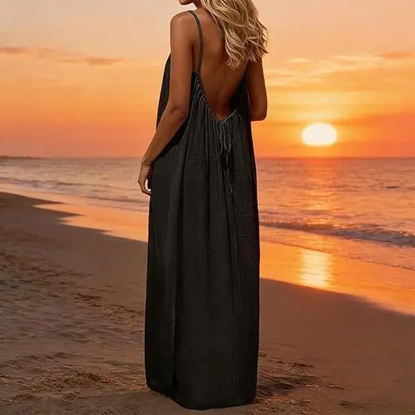 Women’s Elegant 100% Lightweight Poly Boho Clothes Sleeveless Low Scoop Neck Backless Pleated Drape Maxi Dress - Adjustable Straps, Back Tie, Minimalist Thin Cami, Loose-Fit Comfy Solid Color, Machine Washable Beach to Bed Sundress Cover-Up