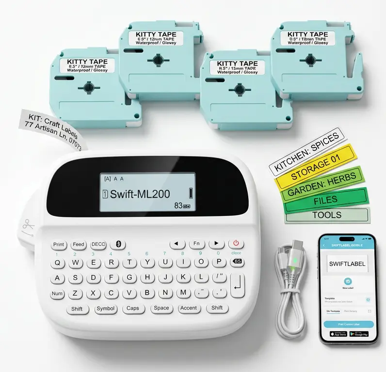 Label Maker Machine M950 12mm Labels with 4 Tapes, Rechargeable Bluetooth Portable Printer, Backlit Display Inkless Sticker Maker for Home Office Organization, Waterproof Labels for Jars School Kitchen