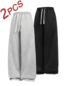 Men's Loose Fit Sport Pants, Unisex Drawstring Waist Wide Leg Casual Trousers, Umbrella Style Sweatpants, Comfortable Fleece Running Pants