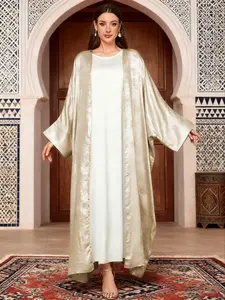 Women's Open Back Satin Dress, Batwing Sleeve Design, Muslim Kaftan Robe, Islamic Style Elegant Long Coat, Comfortable and Stylish