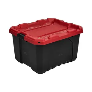 27 Gallon Durable Plastic Storage Bin with Lid – Stackable Black Tote with Red Pro Grip Handles for Garage & Home