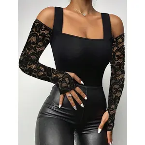 Sexy Formfitting Lace Cutout Off Shoulder Black Autumn Tops, Long Sleeve T-Shirt, Lingerie Womenswear Blouse