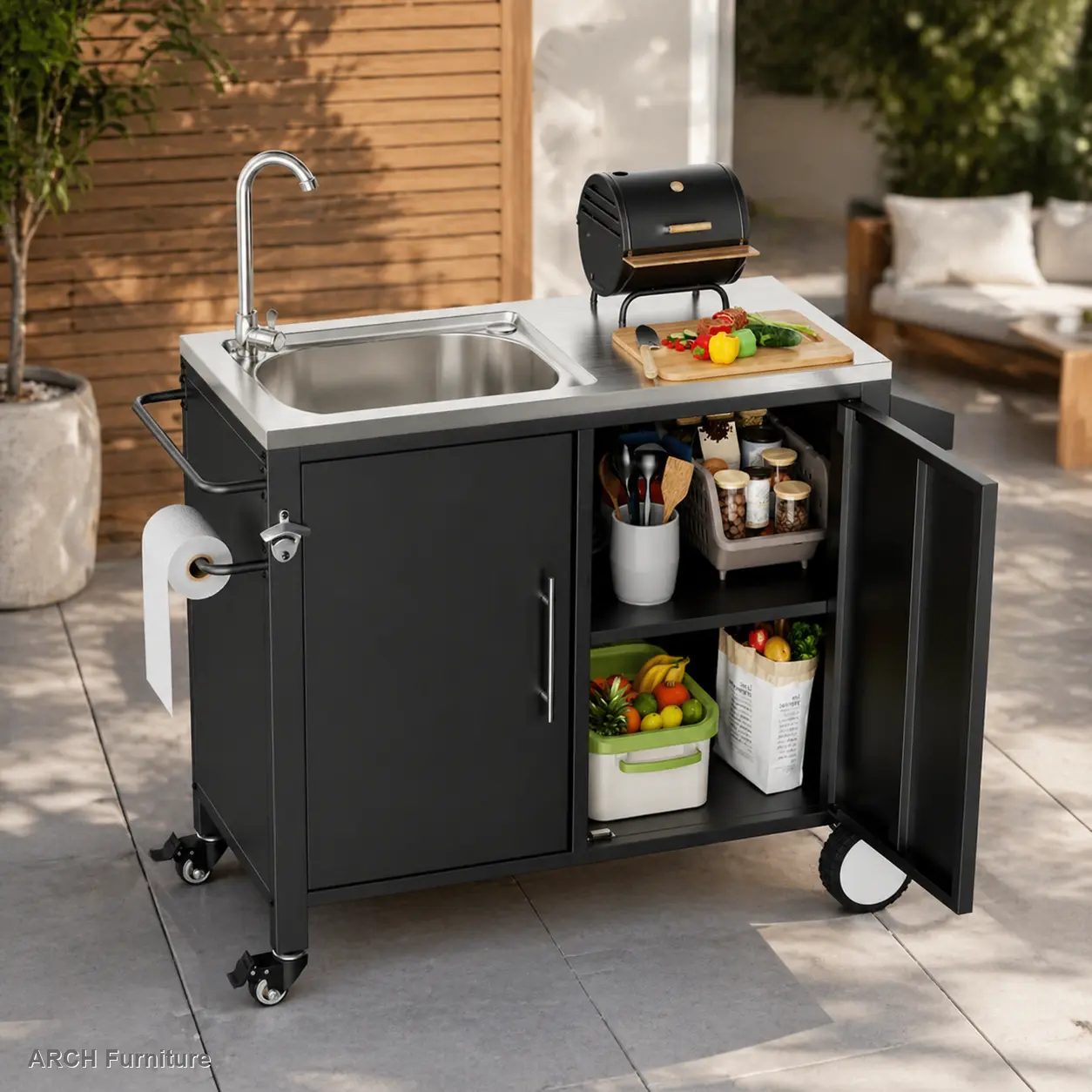 304 Stainless Steel Portable Outdoor Grill Table - Lockable Wheels, Sink, Cabinet, Storage Bins, Bottle Opener, Spice Rack, Napkin Holder, 38" L x 18" W x 35" H Metal Kitchen BBQ Sink Station Cart, Easy-Setup Modern Indoor-Outdoor Furniture