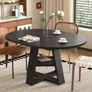 Extendable Round Dining Table for 4-8, Space Saving Kitchen Table with Storage Shelf, Modern Oval Expandable Table 300 lbs Capacity, Easy Assembly, Black