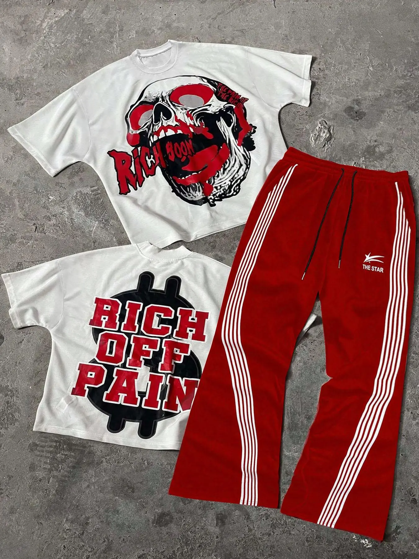Two-Piece Set Men's Cartoon Skull Print Tee & Tracksuit Pants, Regular Fit Casual Fashion Round Neck Short Sleeve T-shirt & Letter Print Sweatpants, Men Two-piece for All Seasons