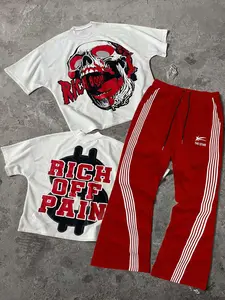 Two-Piece Set Men's Cartoon Skull Print Tee & Tracksuit Pants, Regular Fit Casual Fashion Round Neck Short Sleeve T-shirt & Letter Print Sweatpants, Men Two-piece for All Seasons, Menswear